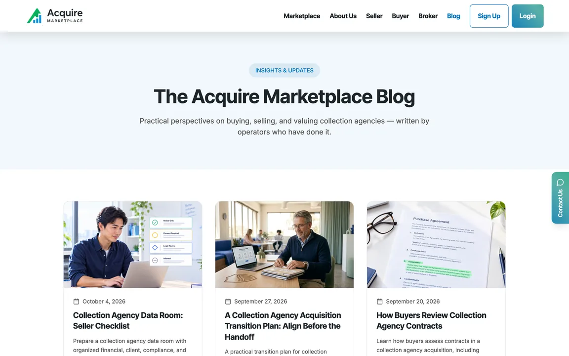 The Acquire Marketplace Blog with dated article cards.