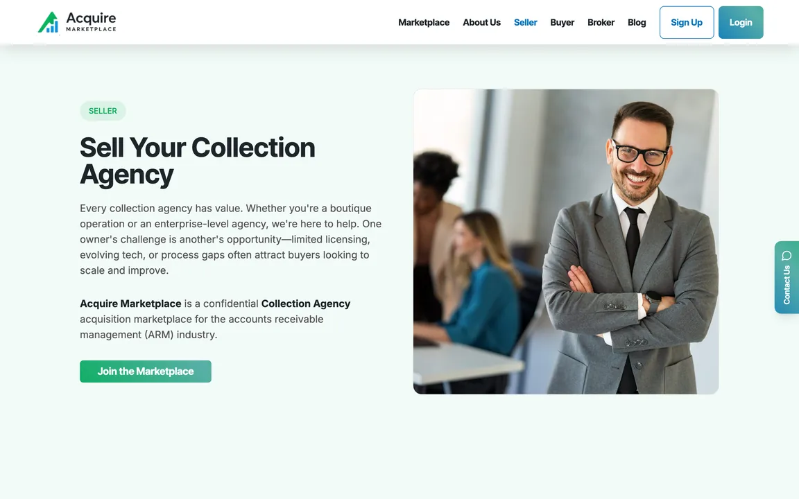 Seller page headed 'Sell Your Collection Agency' with a 'Join the Marketplace' button.