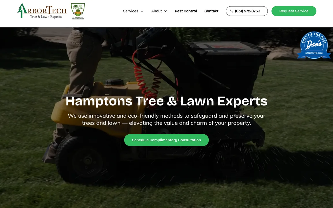 ArborTech homepage with the headline Hamptons Tree & Lawn Experts over a photo of lawn equipment, a green Schedule Complimentary Consultation button, and a menu with the phone number and a Request Service button.