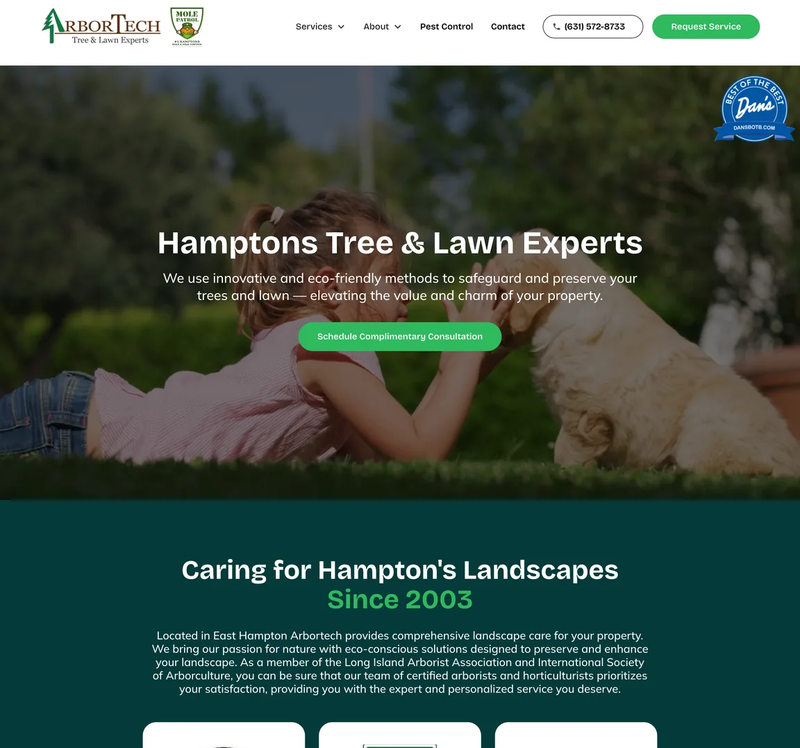 The ArborTech homepage from the hero, a Caring for Hampton's Landscapes section with three association badges and a row of figures down to the six service cards.
