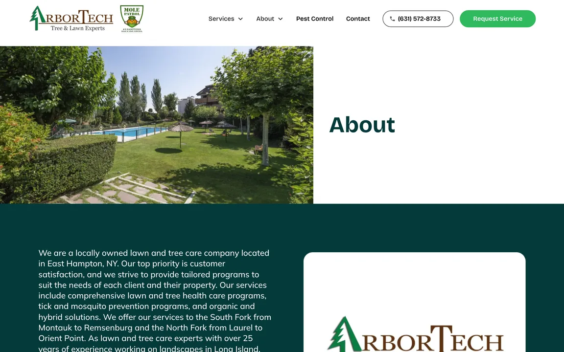 ArborTech About page with a garden photo and a paragraph describing the locally owned lawn and tree care company in East Hampton, NY.