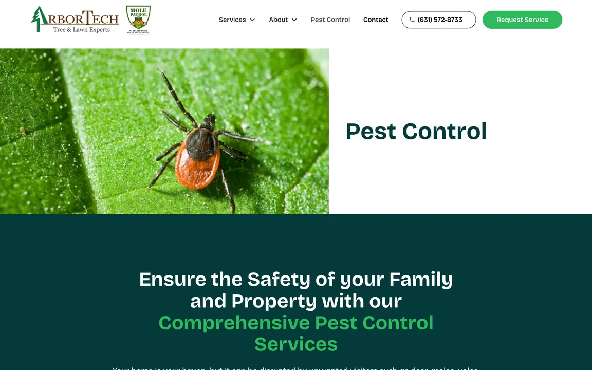 ArborTech Pest Control page with a close-up photo of a tick on a leaf and the heading Ensure the Safety of your Family and Property with our Comprehensive Pest Control Services.
