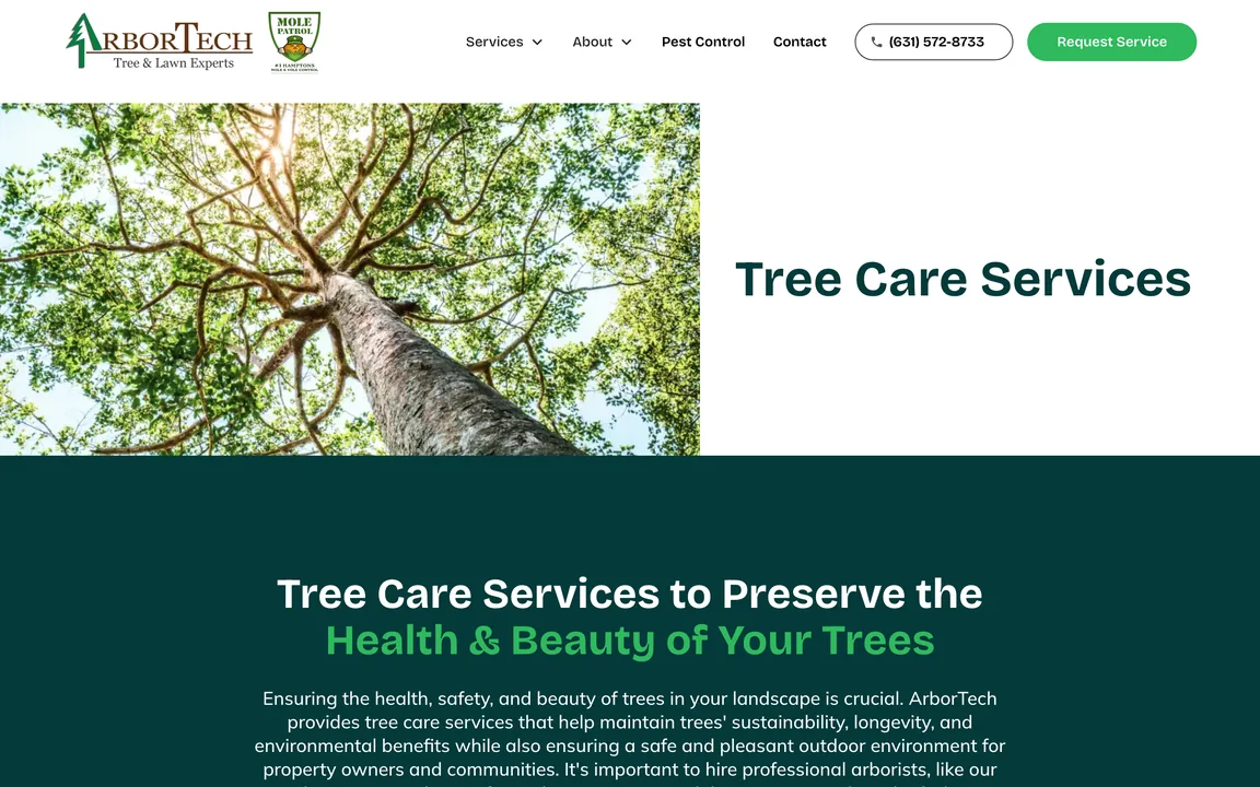 Tree Care Services page with a photo looking up a tall tree into its green canopy and the heading Tree Care Services to Preserve the Health & Beauty of Your Trees.