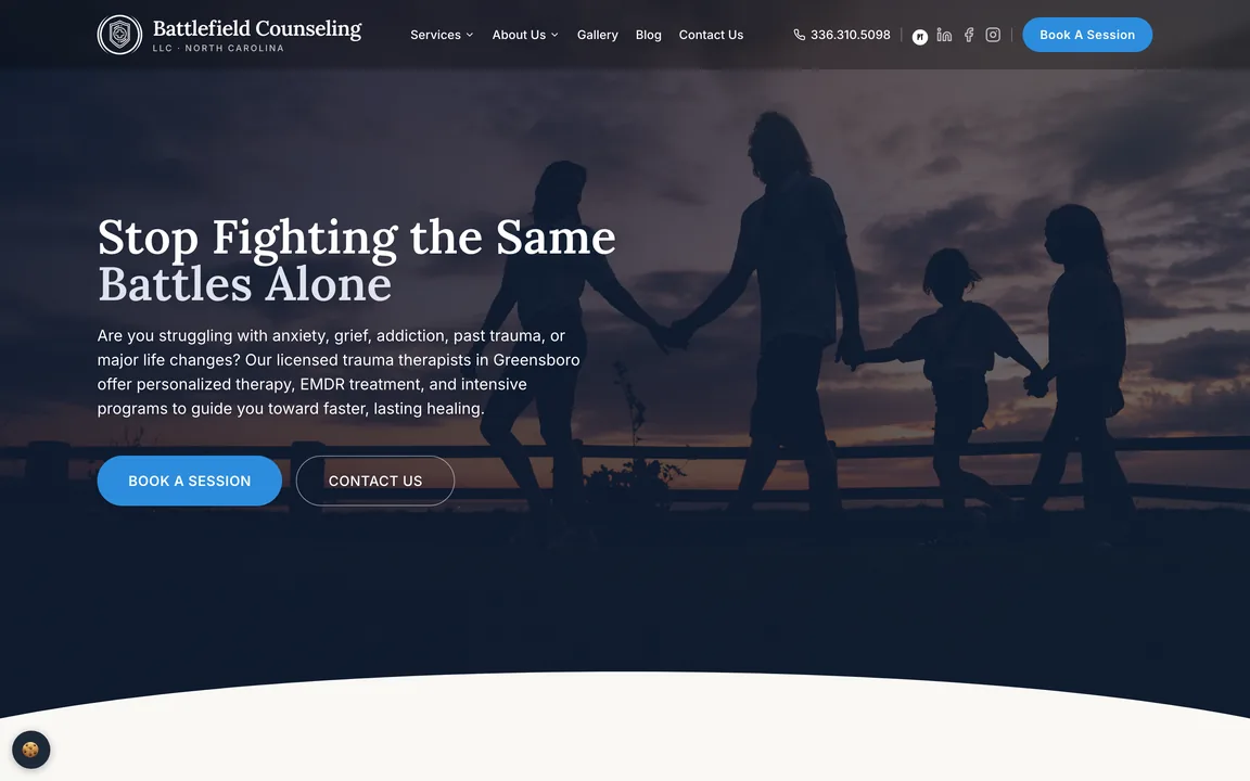 Battlefield Counseling homepage with the headline "Stop Fighting the Same Battles Alone" over a sunset photo, and Book a Session and Contact Us buttons