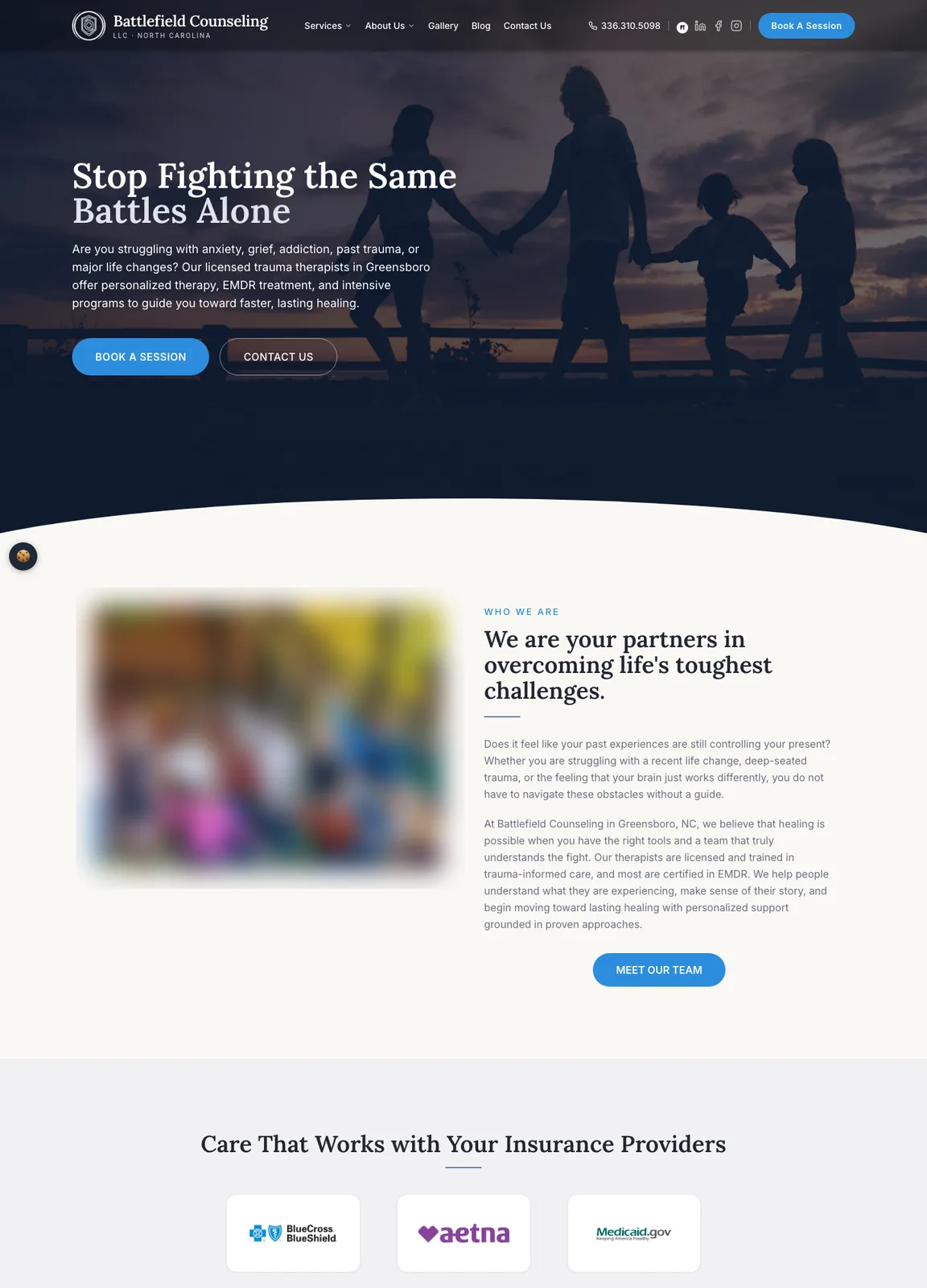 Full Battlefield Counseling homepage: who we are, insurance logos, service cards, FAQ, and a contact form; photos of people and a client testimonial are blurred here.