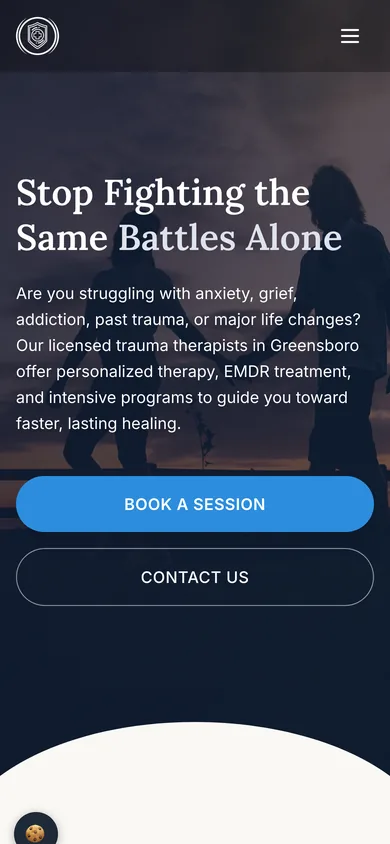 Battlefield Counseling homepage on a phone with the headline and large Book a Session and Contact Us buttons