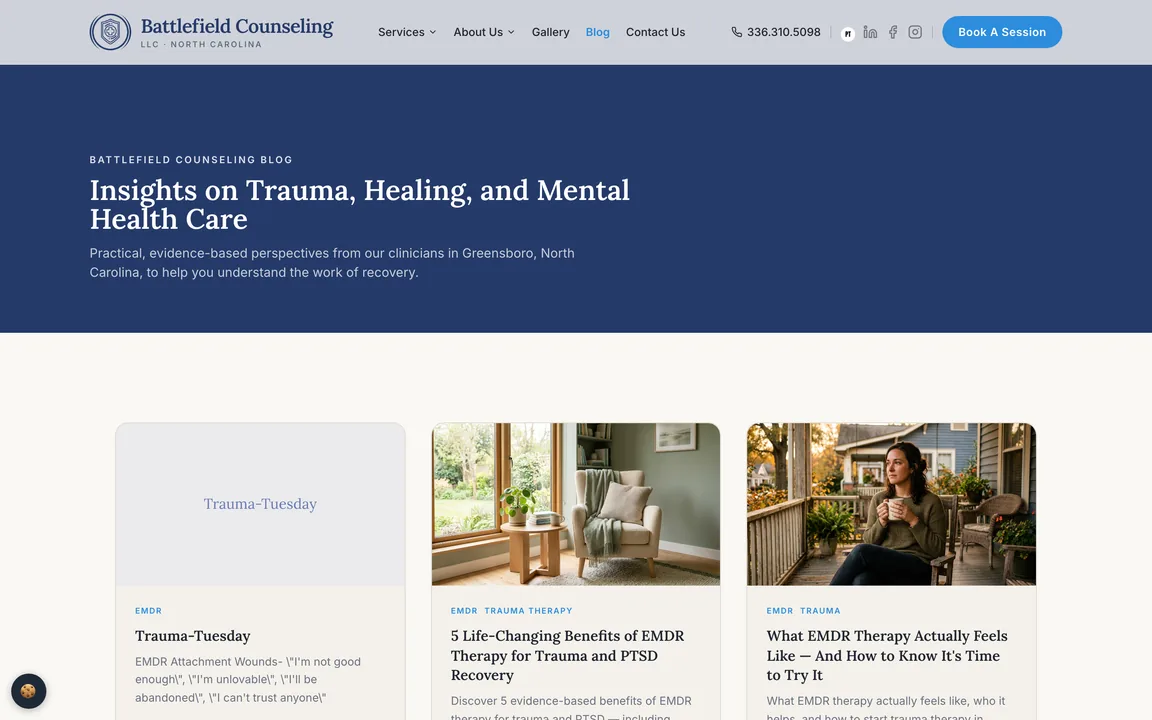 Battlefield Counseling blog page with article cards