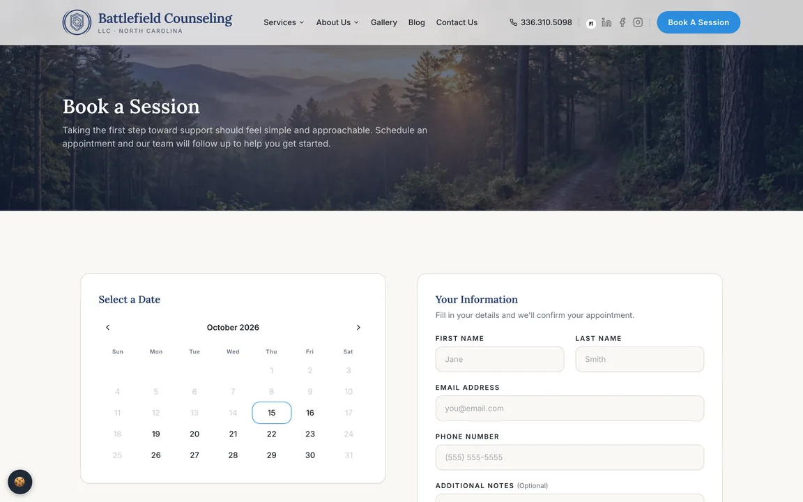 Battlefield Counseling Book a Session page showing an October 2026 calendar beside a form for name, email, and phone