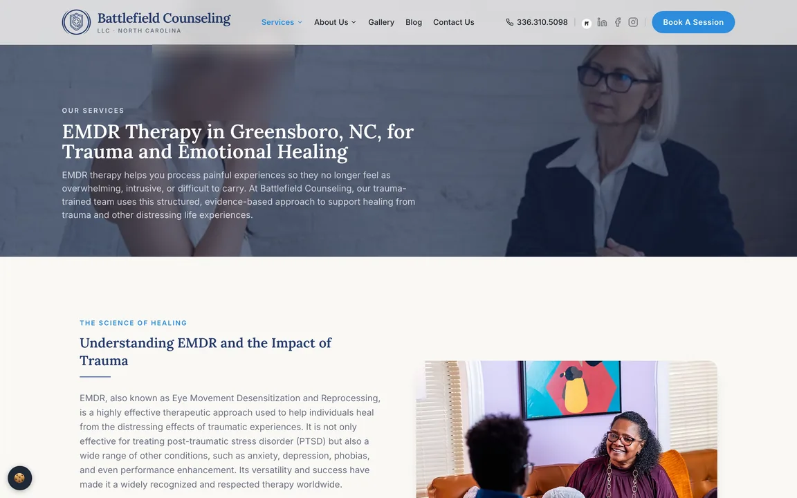 Battlefield Counseling EMDR Therapy page header, with its photo blurred here, and an explanation of EMDR.