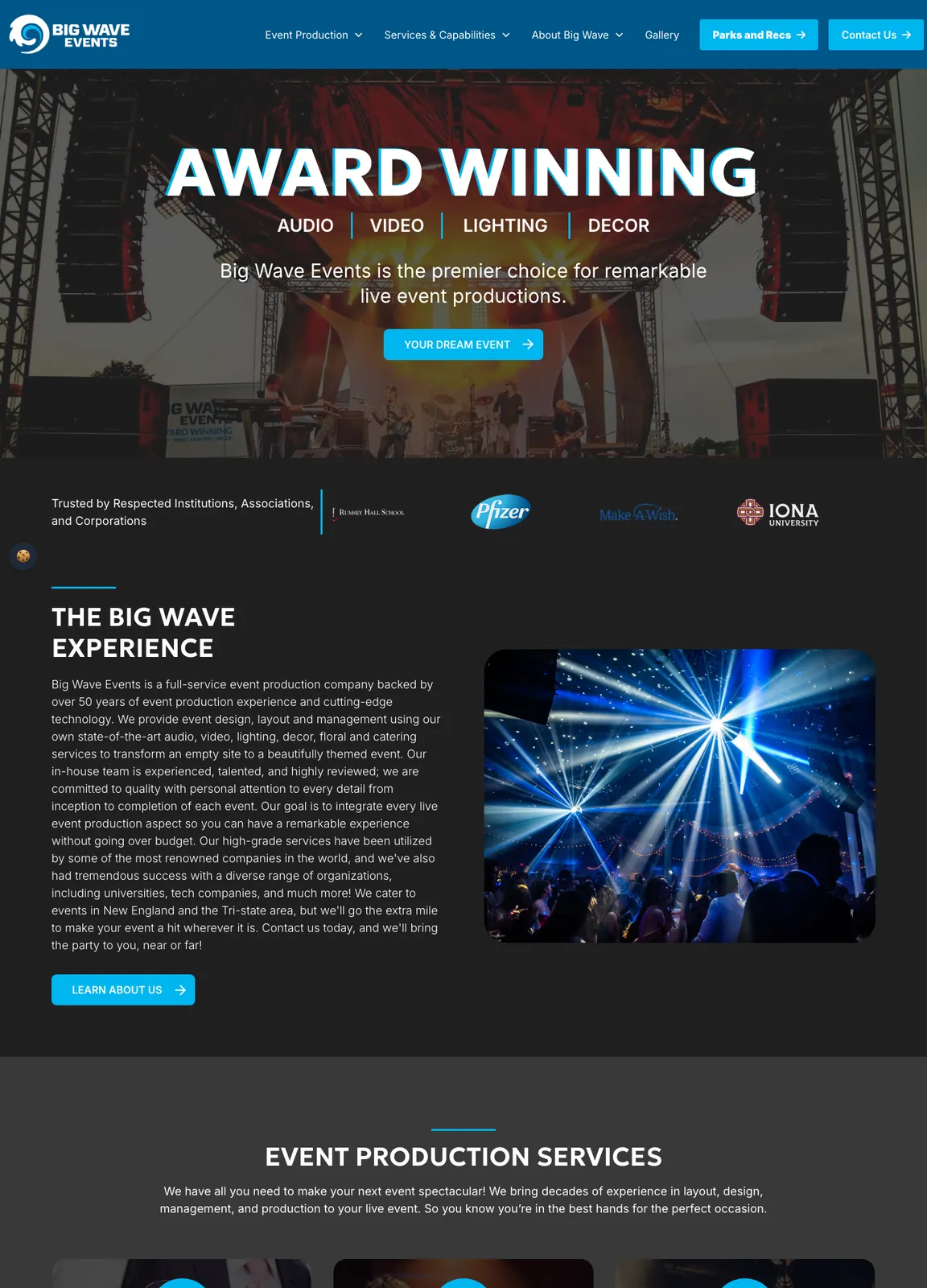 The Big Wave Events homepage from top to bottom: hero, client logos, company overview, event production services, services and capabilities, client testimonials blurred here, and latest news.