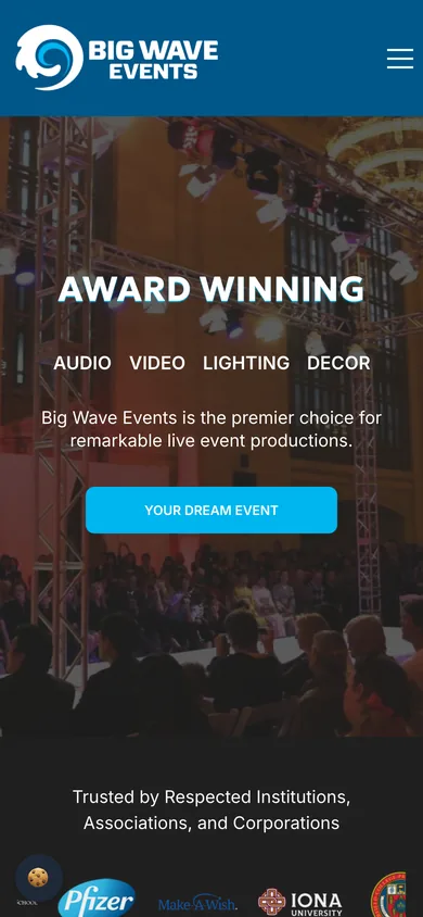 Big Wave Events homepage on a phone, with the logo, a menu button and the Award Winning headline.