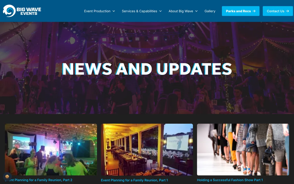 News and Updates page header with the first three blog post cards.