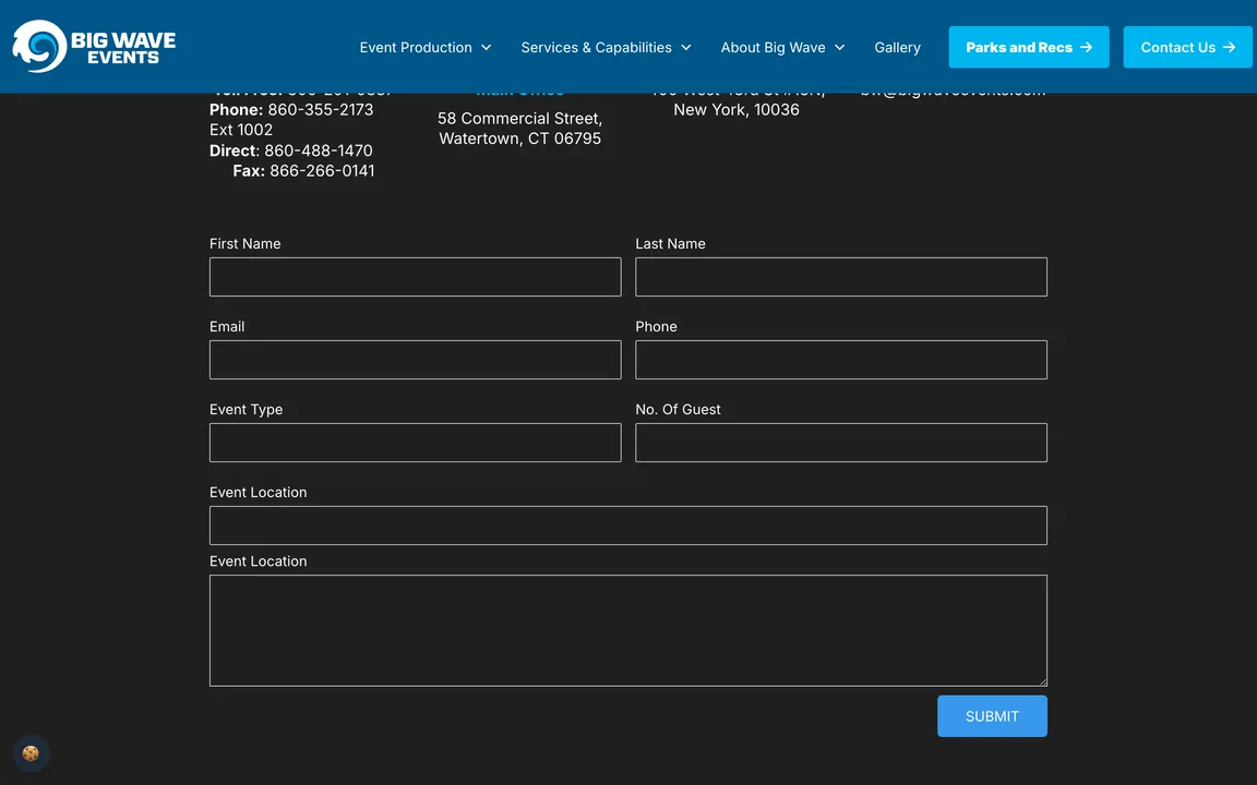 Contact form with fields for name, email, phone, event type, number of guests and event location, and a Submit button.