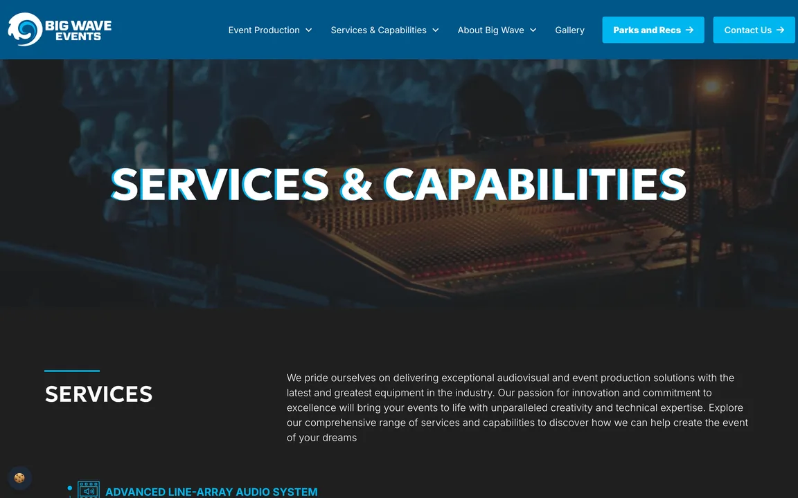 Services and Capabilities page header over a photo of a mixing desk, with the start of the services list.