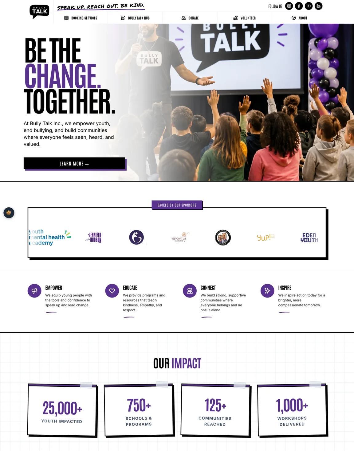 Long view of the homepage with a sponsor strip, four impact boxes, a video panel and a photo gallery (both blurred here), a detective series banner and a dark signup section.
