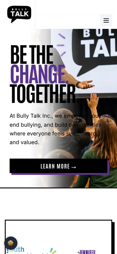 Mobile view of the homepage with the logo, a menu button and the Be the Change headline.