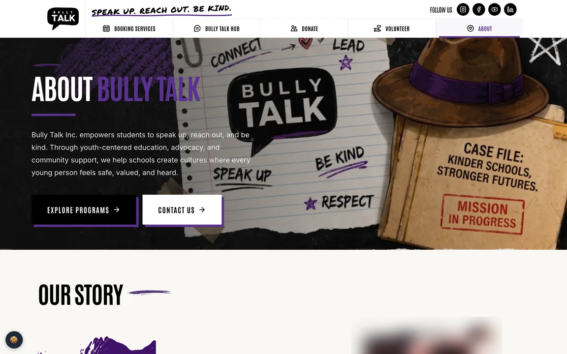 About page header with the Bully Talk menu and an introduction to the organization; a photo of students at the bottom is blurred here.