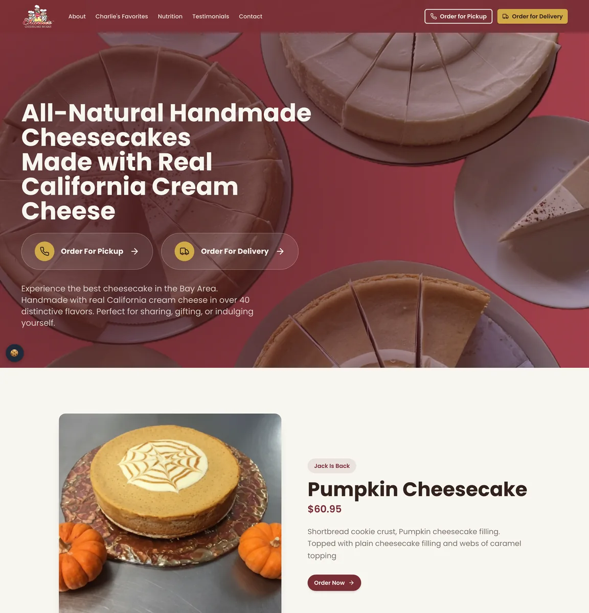 Full-length Charlie's Cheesecake Works homepage: the hero, a featured Pumpkin Cheesecake, the bakery's story, cards for Cheesecakes, Poppers and Bambinos, customer reviews blurred here and an FAQ.