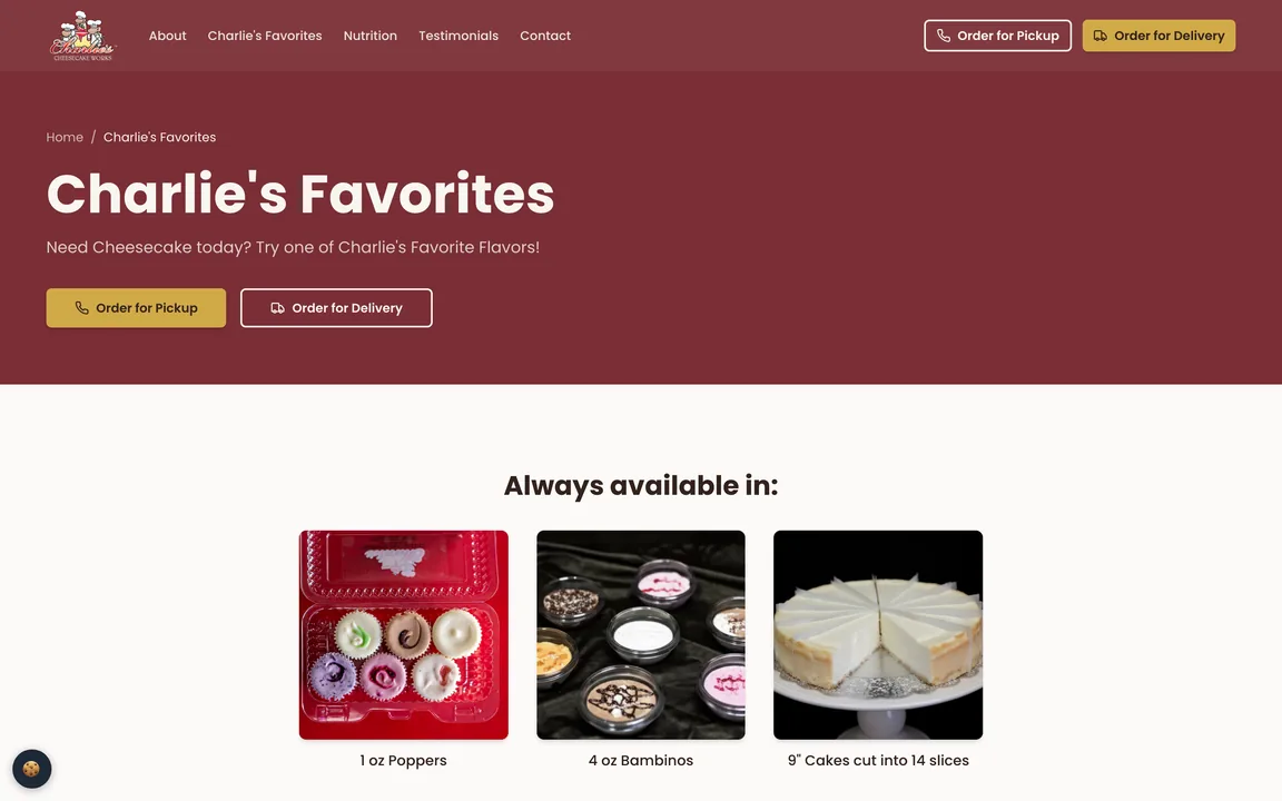 Charlie's Favorites page with Order for Pickup and Order for Delivery buttons and photos of 1 oz Poppers, 4 oz Bambinos and a 9-inch cake cut into 14 slices.