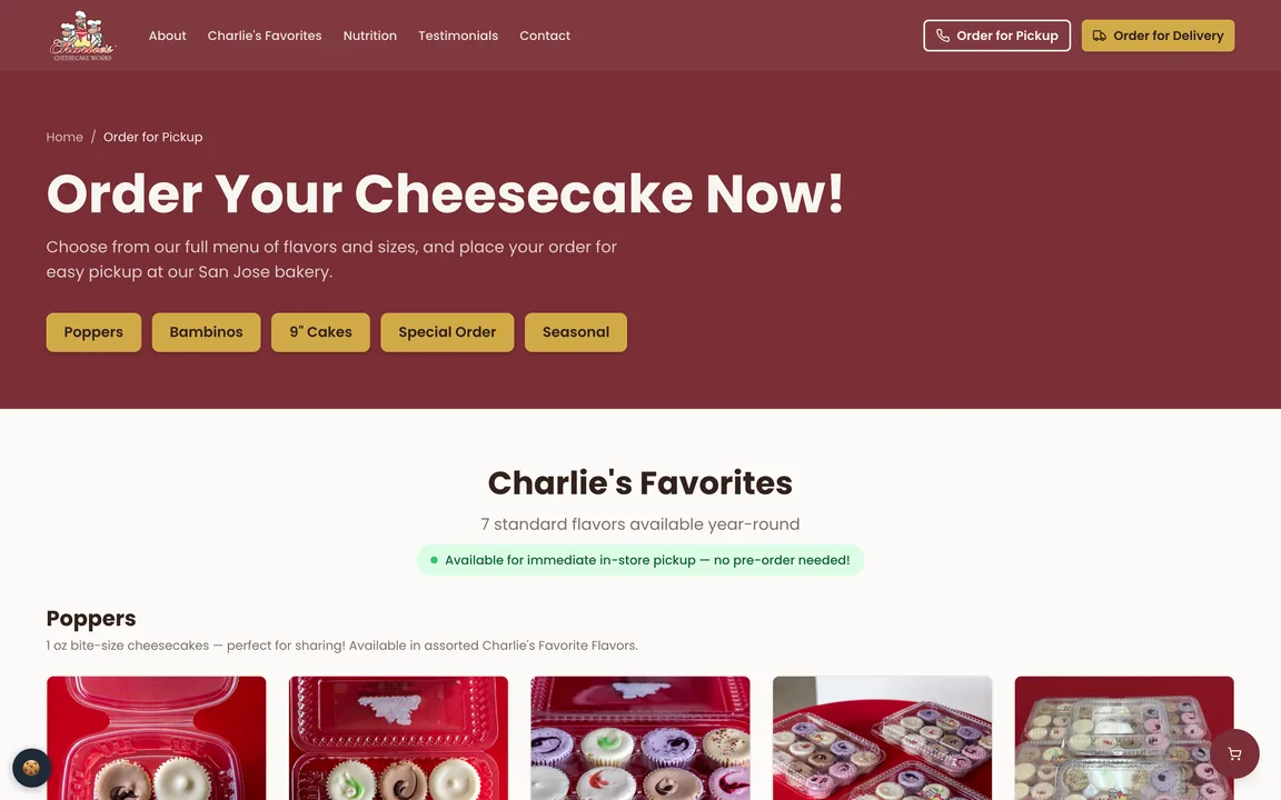 Order Your Cheesecake Now page with buttons for Poppers, Bambinos, 9-inch Cakes, Special Order and Seasonal, a note that favorites are available for immediate in-store pickup, and a cart button.