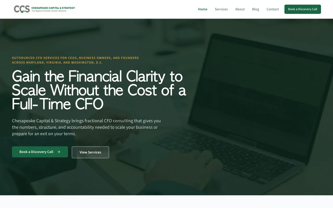 Chesapeake Capital & Strategy homepage with the headline "Gain the Financial Clarity to Scale Without the Cost of a Full-Time CFO" and Book a Discovery Call and View Services buttons