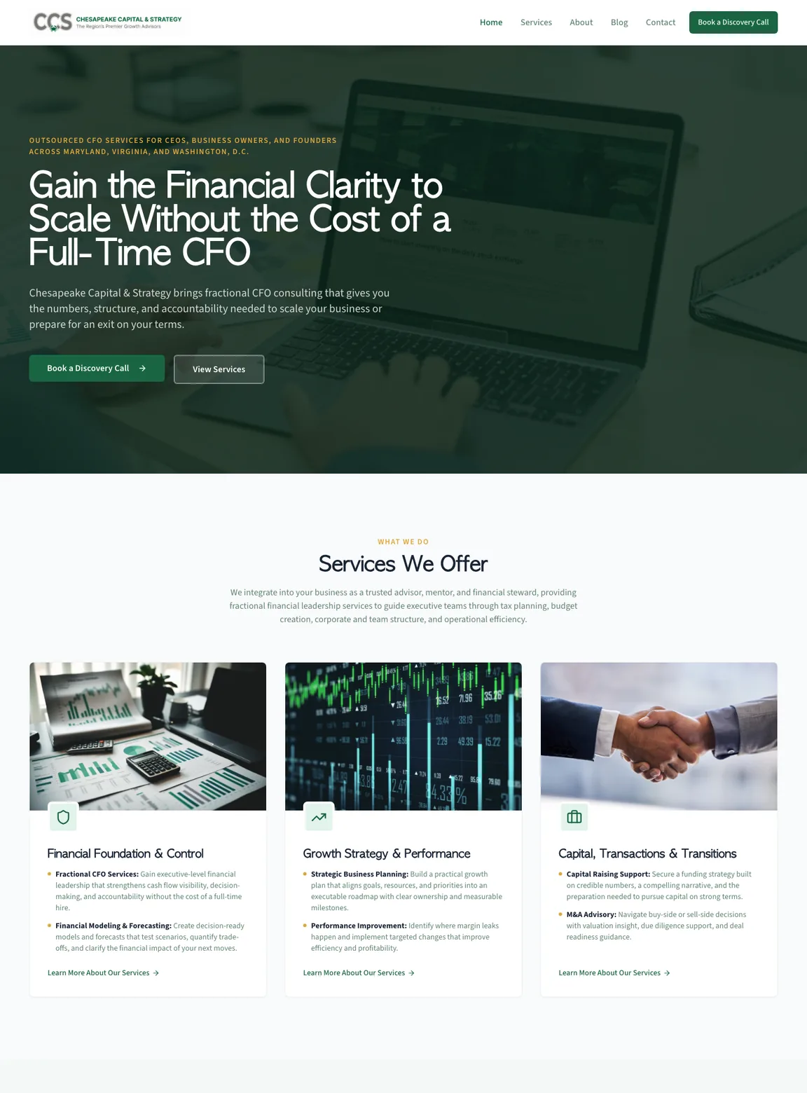 Full Chesapeake Capital & Strategy homepage: services, the discovery process wheel, a founder section, and blog posts