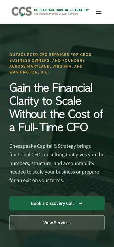 Chesapeake Capital & Strategy homepage on a phone with the headline and two buttons