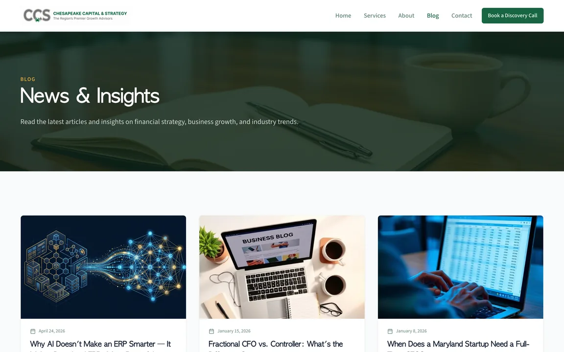 Chesapeake Capital & Strategy blog page with three article cards