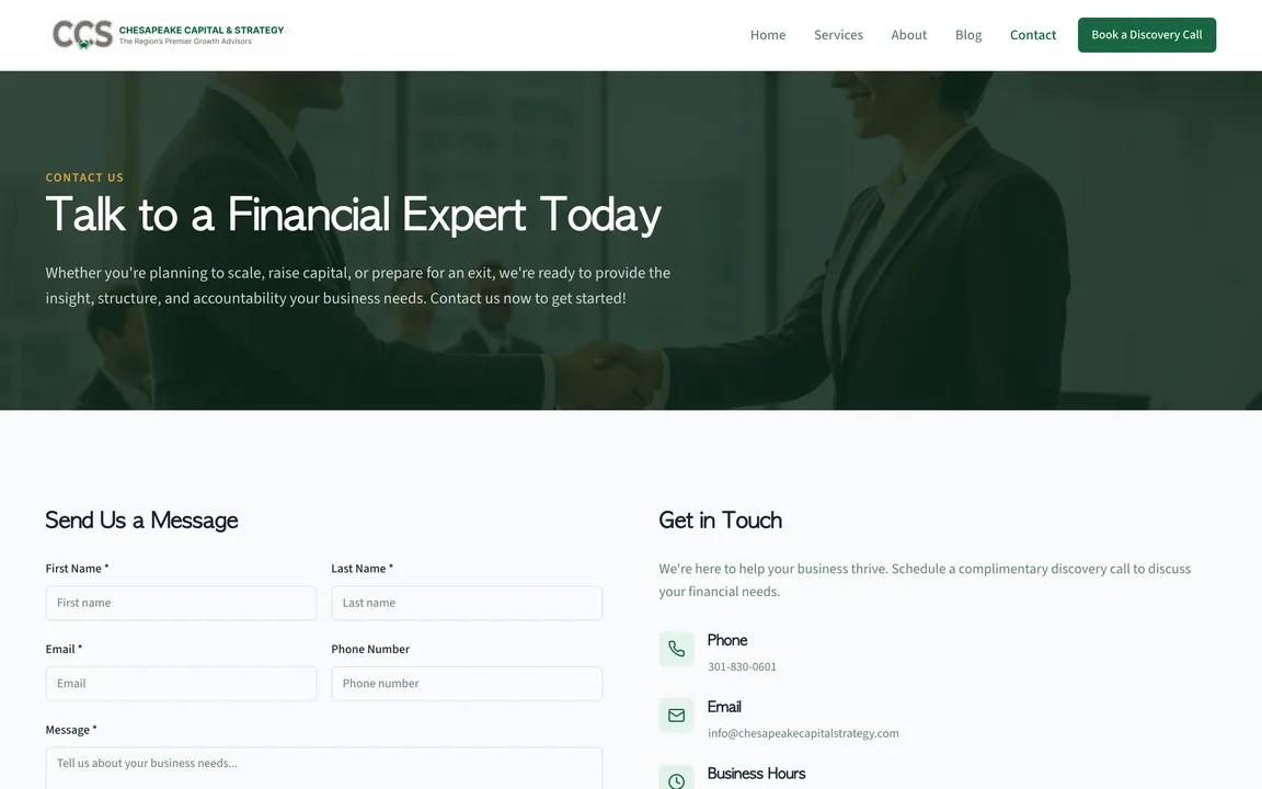 Chesapeake Capital & Strategy contact page with a message form and contact details
