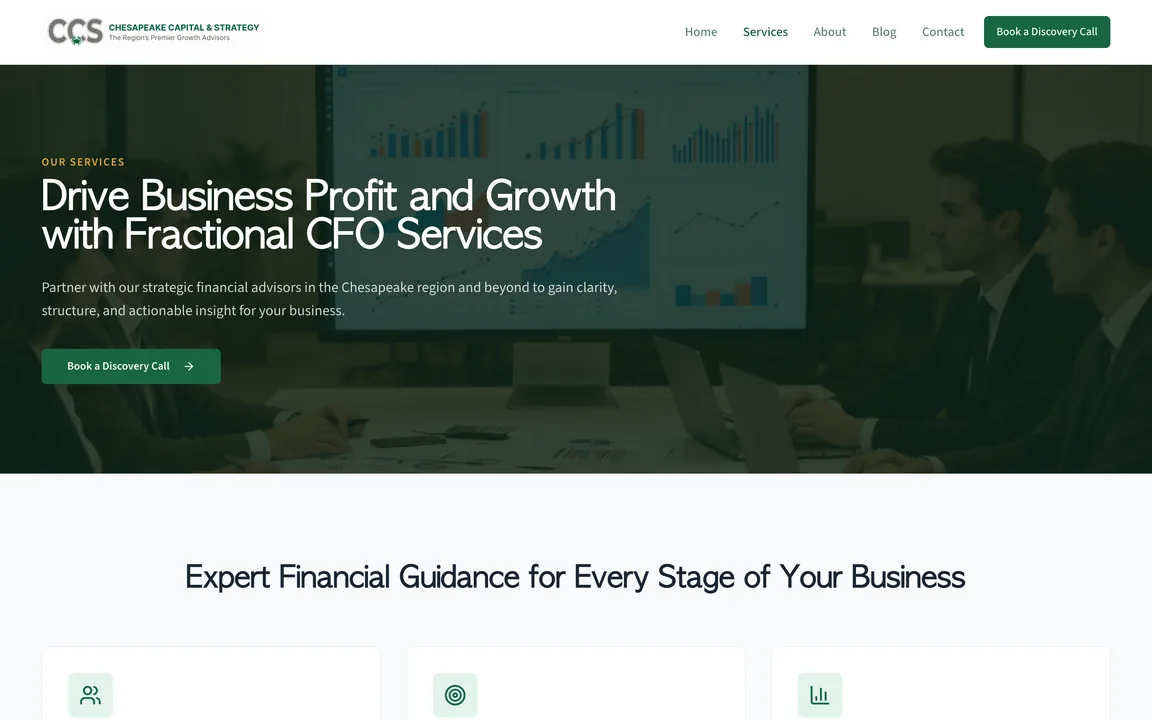 Chesapeake Capital & Strategy services page headed "Drive Business Profit and Growth with Fractional CFO Services"