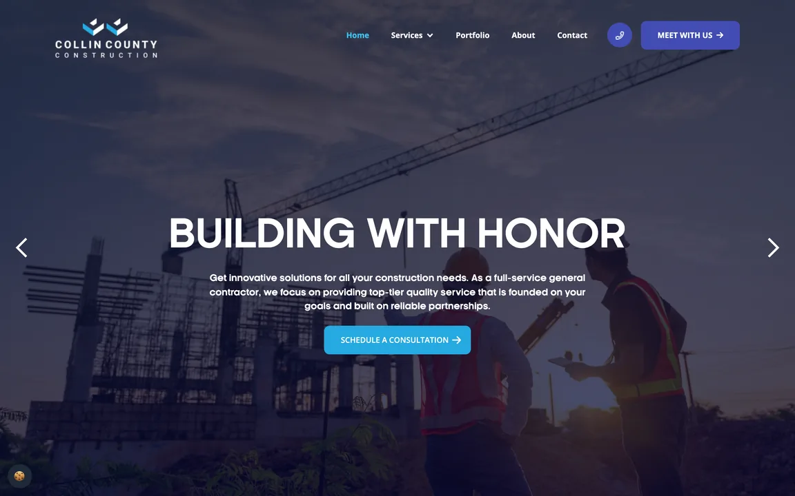Collin County Construction homepage with the headline Building With Honor over a photo of a building site, and a Schedule a Consultation button.