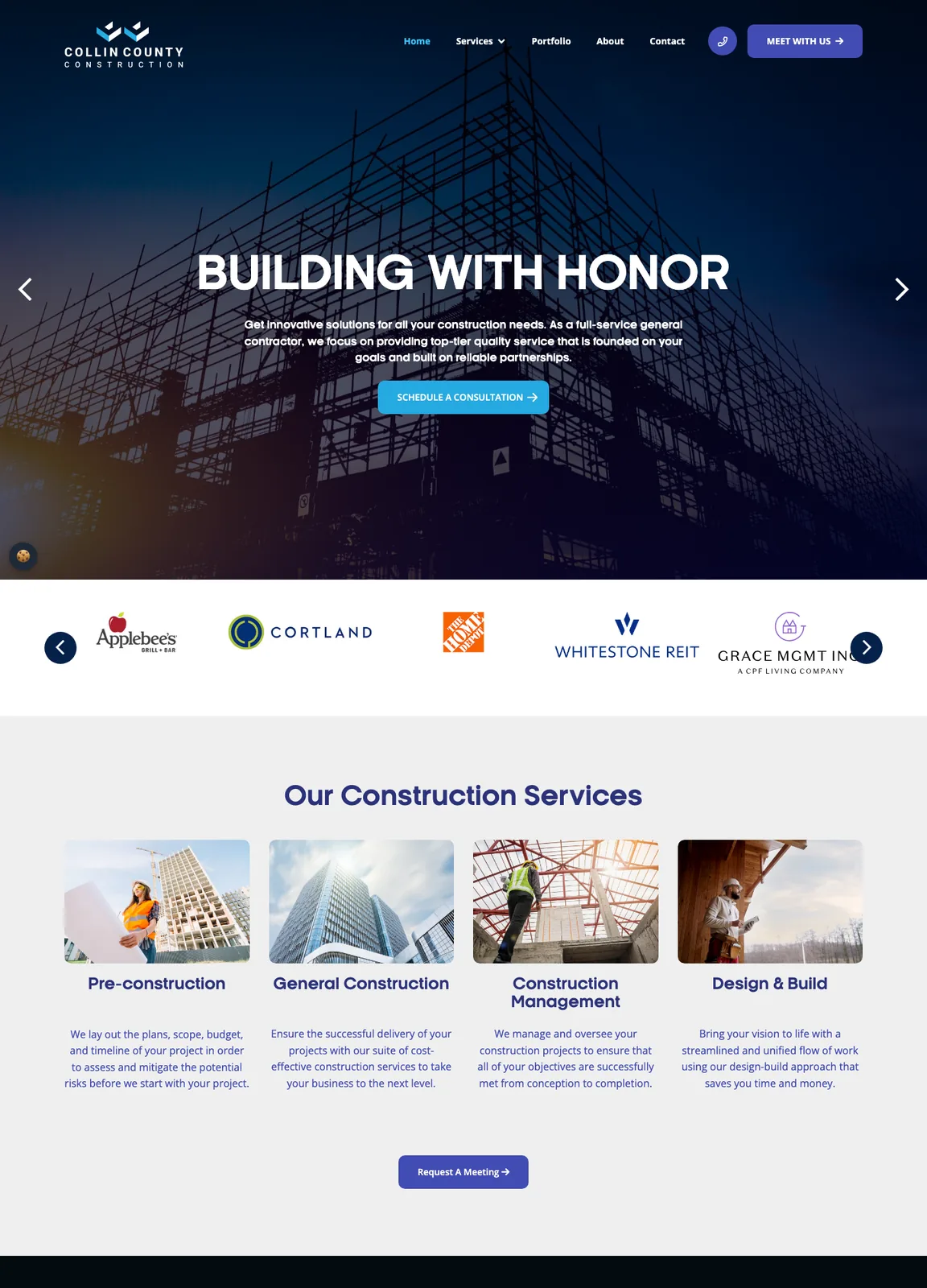 The Collin County Construction homepage from top to bottom: hero, client logos, construction services, credentials, featured projects and client testimonials, blurred here.
