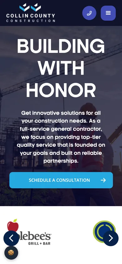 Collin County Construction homepage on a phone with call and menu buttons, the Building With Honor headline and a Schedule a Consultation button.