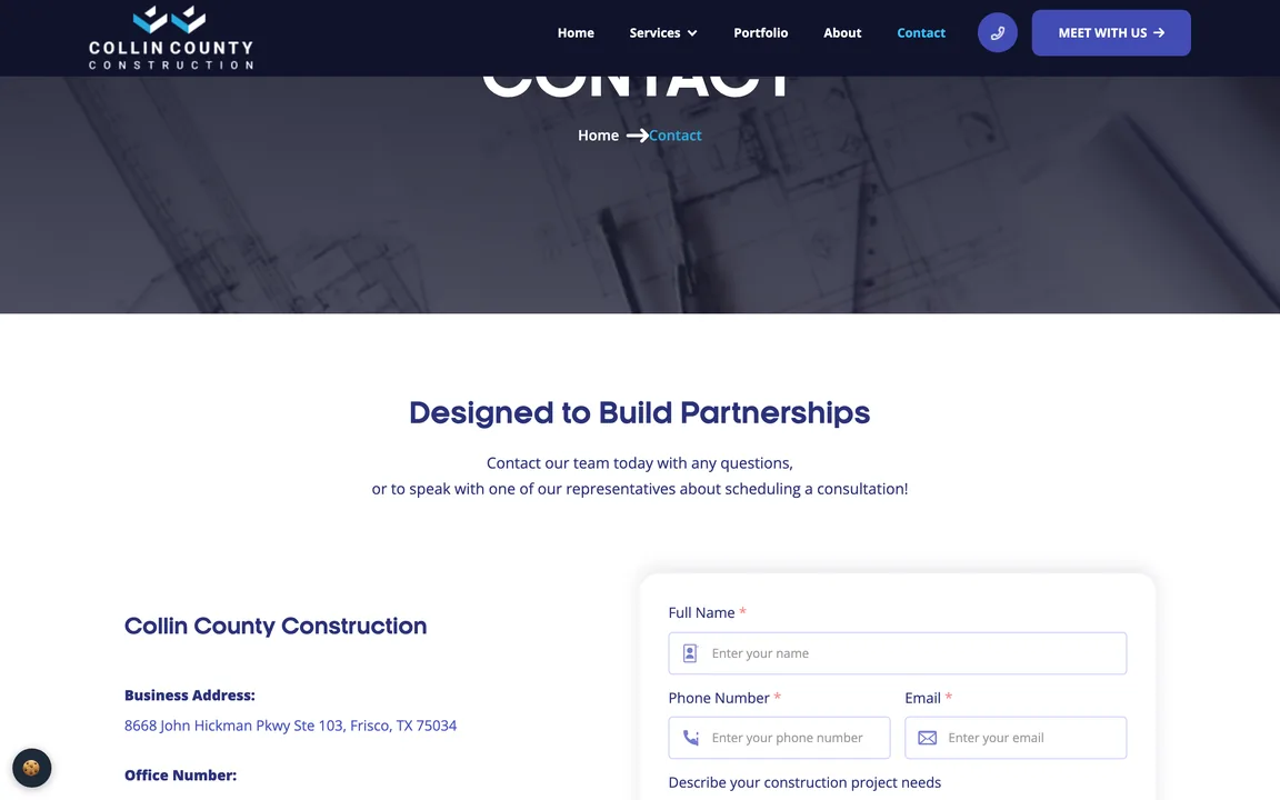 Contact page with the heading Designed to Build Partnerships, the office address, and the start of a form for full name, phone number, email and project needs.