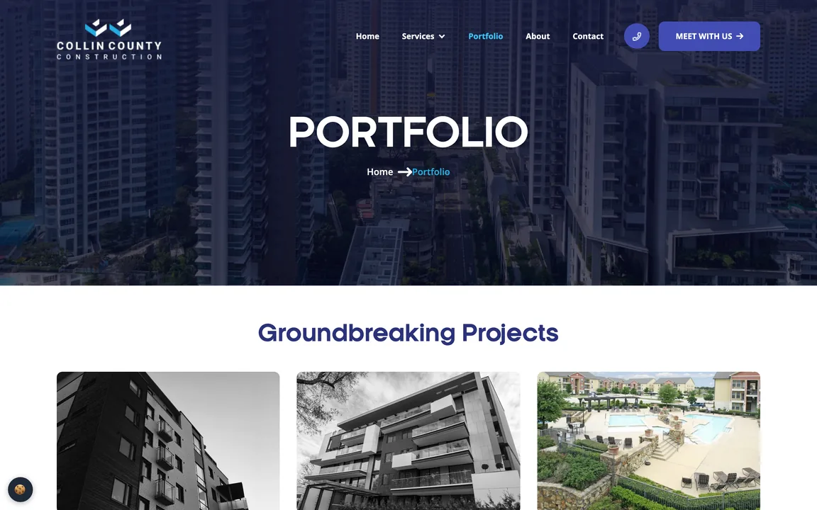 Portfolio page with the heading Groundbreaking Projects and the first row of project photos.