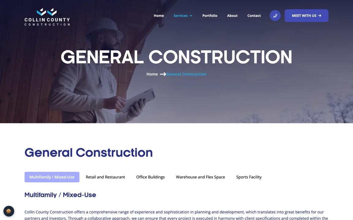 General Construction page header with tabs for multifamily, retail and restaurant, office, warehouse and sports facility projects.