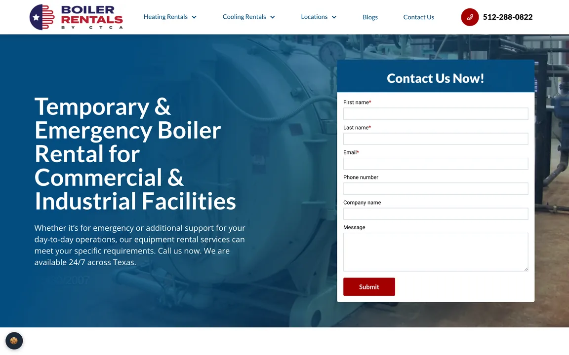 Homepage hero reading Temporary and Emergency Boiler Rental for Commercial and Industrial Facilities, with a Contact Us Now form on the right.
