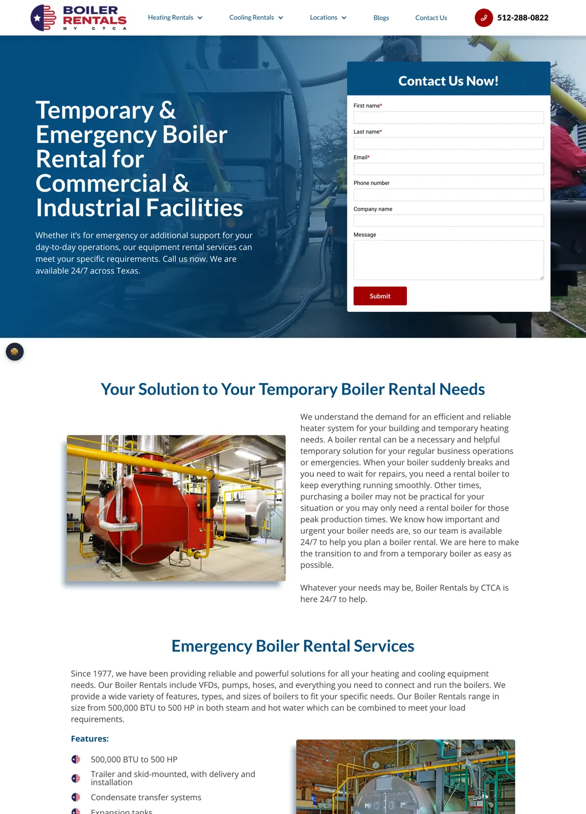 Long view of the homepage with the hero and form, boiler rental details, a list of Texas cities and a frequently asked questions section.