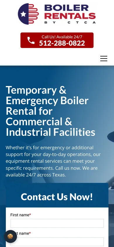 Mobile view with the logo, a red Call Us! Available 24/7 button with the phone number, the headline and the top of the quote form.