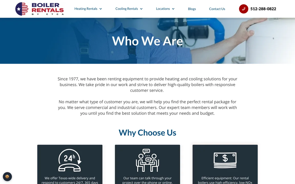 About page headed Who We Are, with text about renting equipment since 1977 and a Why Choose Us section.