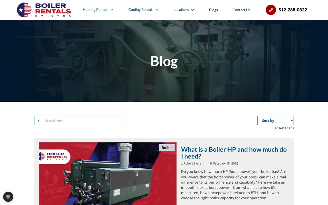 Blog page with a search box, a Sort by menu and the first article card about boiler horsepower.