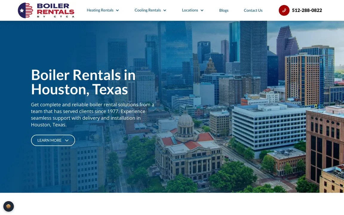 Page headed Boiler Rentals in Houston, Texas, over a photo of the Houston skyline, with a Learn More button.