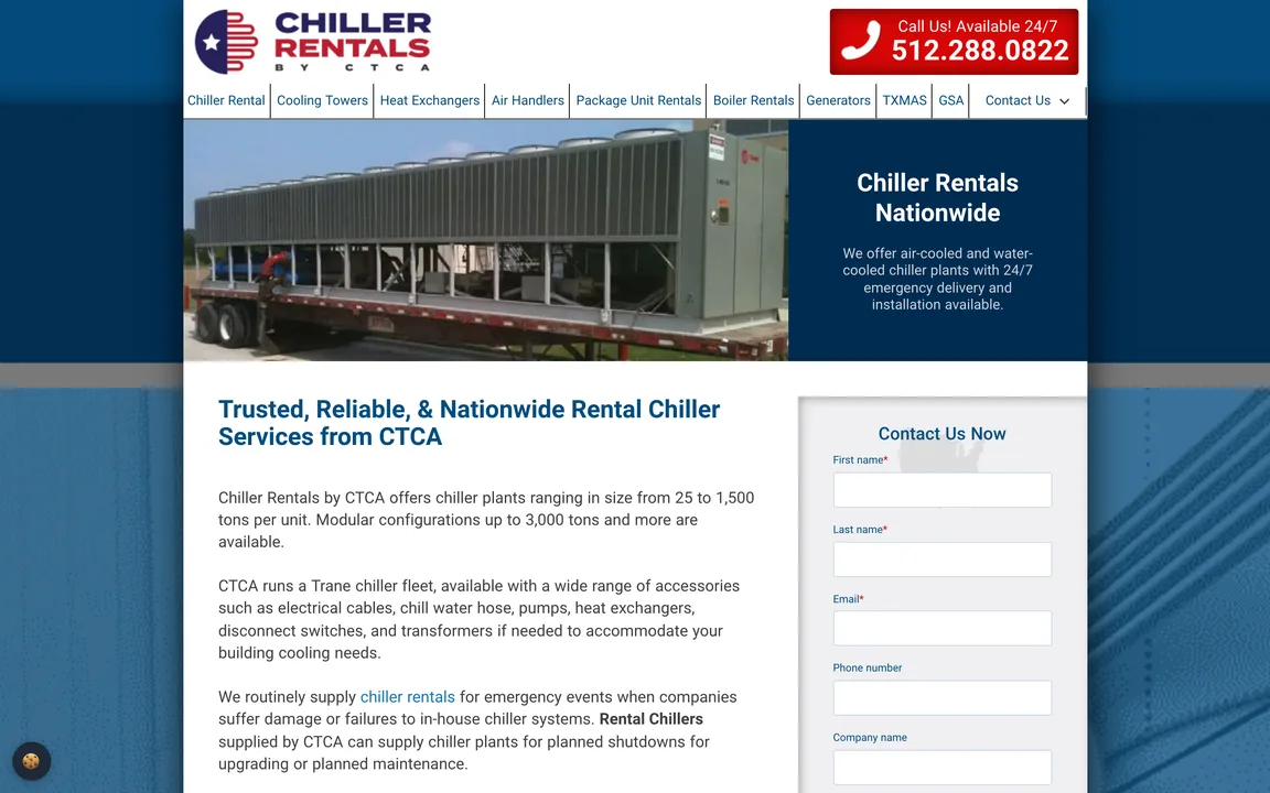 Chiller Rentals by CTCA homepage with a red 24/7 call button, a photo of a rental chiller on a trailer, and a 'Contact Us Now' form.