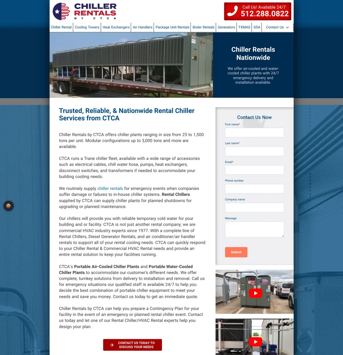The whole CTCA homepage, from the call button and equipment menu to the list of locations served in the footer.