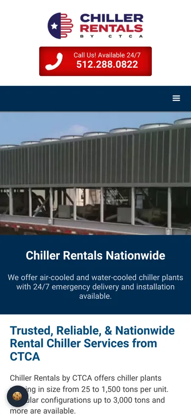 CTCA homepage on a 390-pixel-wide phone screen, with the 24/7 call button under the logo and a menu button.