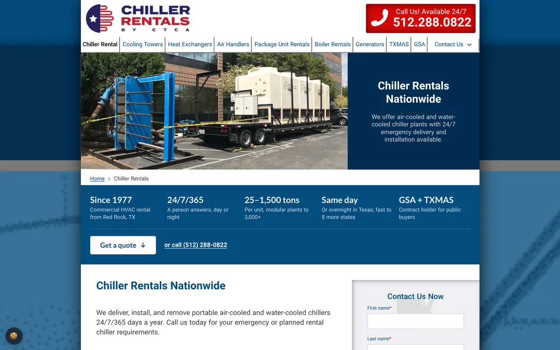 Chiller rentals page with a strip of key facts: since 1977, 24/7/365, 25 to 1,500 tons, same-day delivery, GSA and TXMAS.