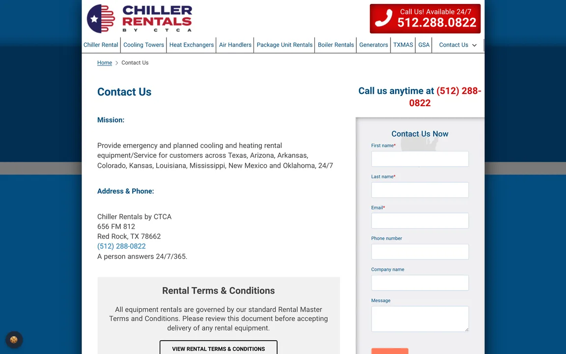 CTCA contact page with the service states, the Red Rock, Texas address, the phone number and the 'Contact Us Now' form.
