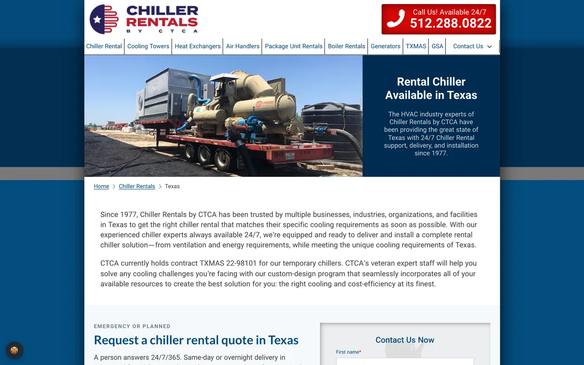 Texas location page headed 'Rental Chiller Available in Texas' with a breadcrumb and a quote form.