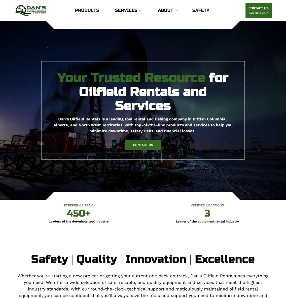 Full-length Dan's Oilfield Rentals homepage: the hero, Safety, Quality, Innovation, Excellence, six service cards with photos, a tabbed rental equipment section and a featured projects carousel.