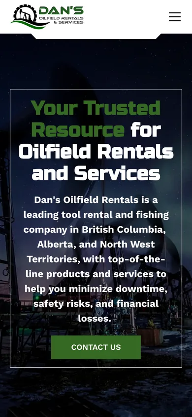 Mobile view of the Dan's Oilfield Rentals homepage with the logo, menu button, headline and a Contact Us button.